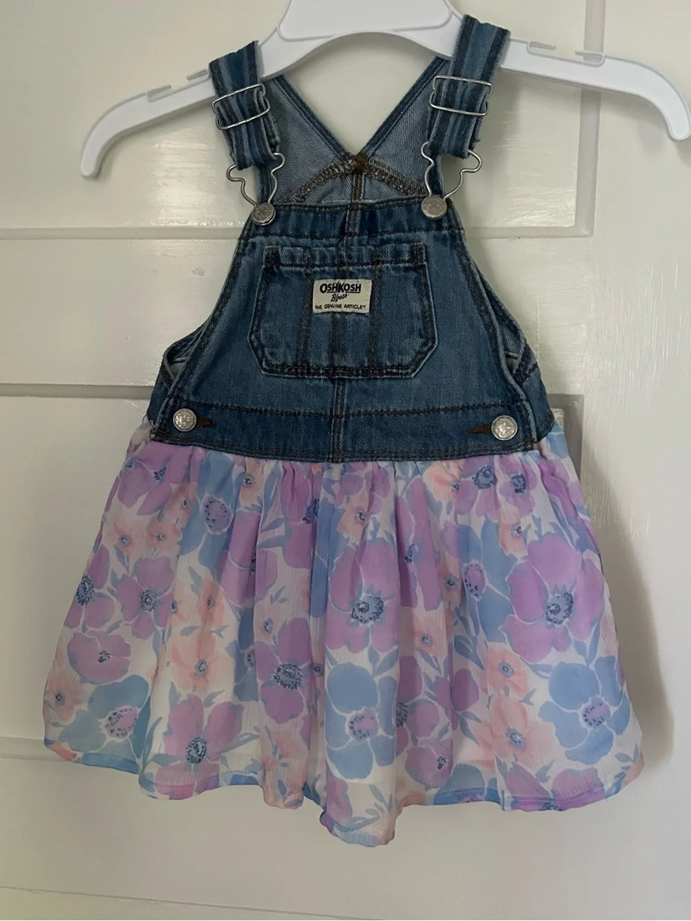 OshKosh B'gosh Denim Overall Dress Pastel Blue, Pink, Purple Floral Skirt 12-18M